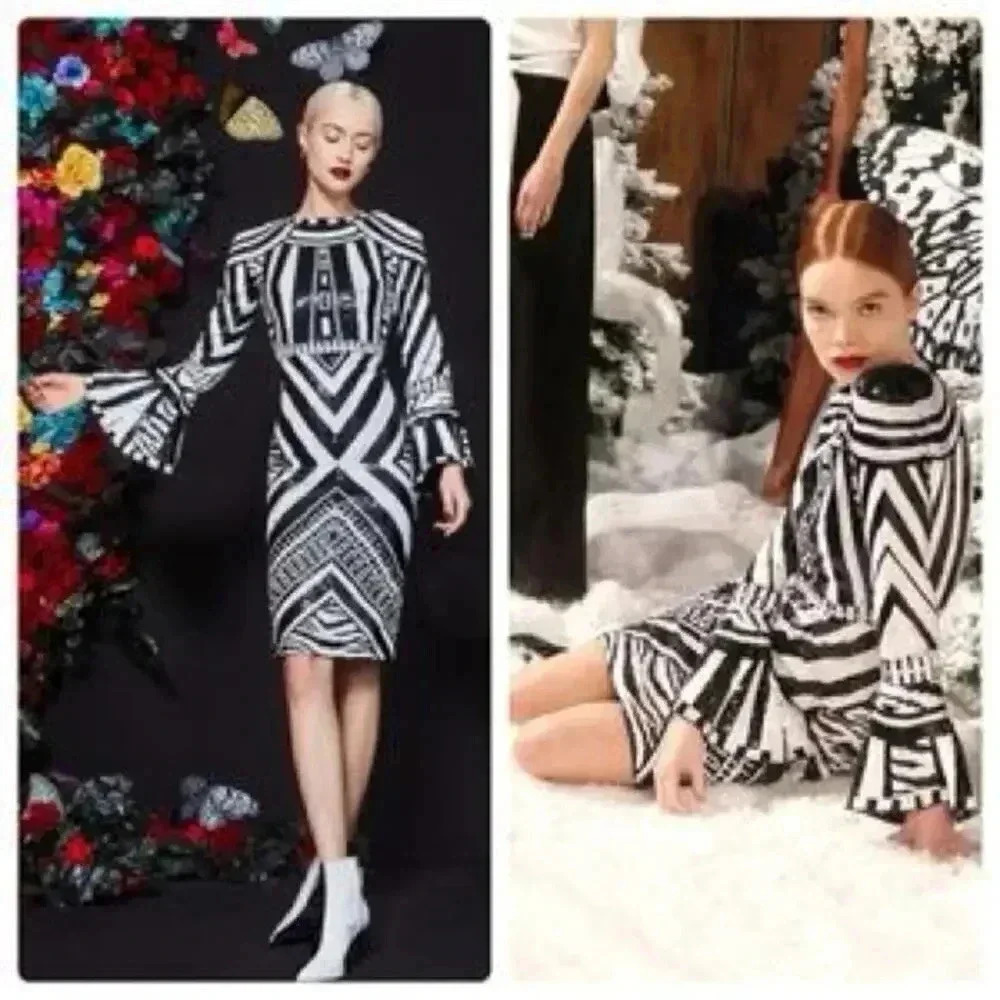 NWT Alice + Olivia Jae Sequin Fitted Cocktail Gown Dress Size 4 Black White - Picture 13 of 14